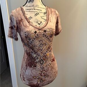 Embellished Brown Graphic Women's Top
